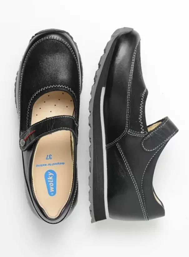 Bandschoenen|Wandelschoenen|Wolky e-Step zwart stretch leer