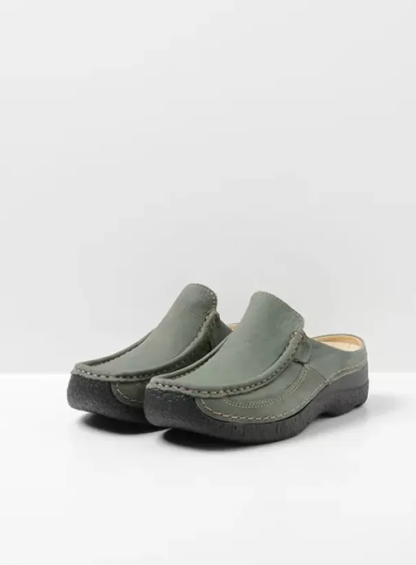 Slippers|Klompen|Wolky Roll Slide saliegroen nubuck