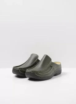 Slippers|Klompen|Wolky Roll Slide forestgroen leer
