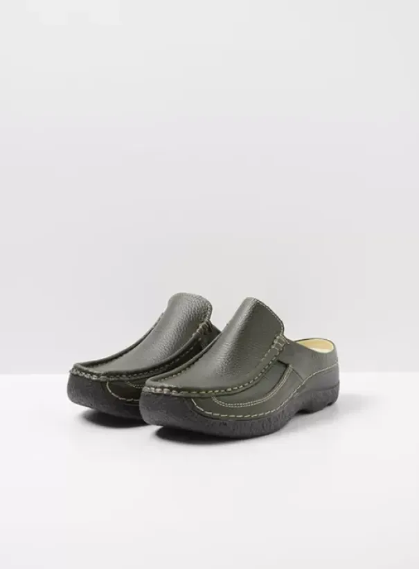 Slippers|Klompen|Wolky Roll Slide forestgroen leer
