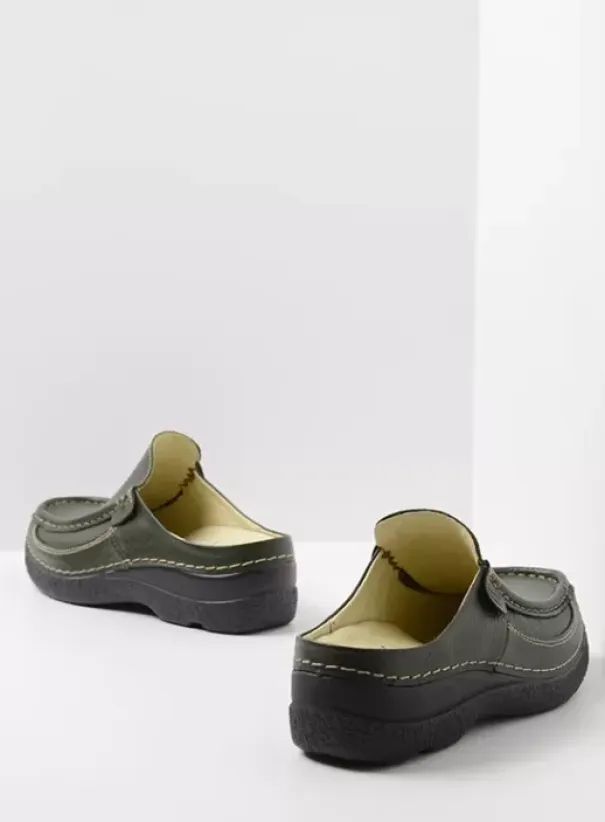 Slippers|Klompen|Wolky Roll Slide forestgroen leer
