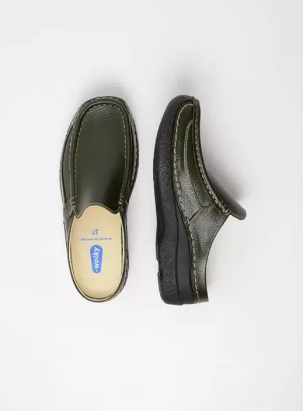 Slippers|Klompen|Wolky Roll Slide forestgroen leer