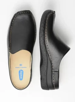 Slippers|Klompen|Wolky Seamy Slide zwart geprint leer
